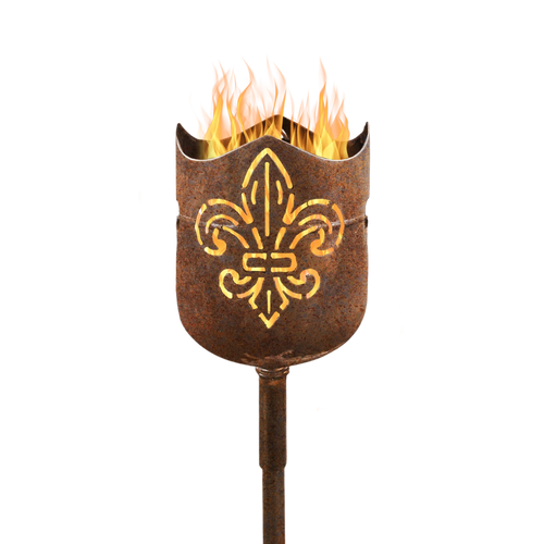 Gartenfackel-Brennschale mit Lilienornament, brennende Flammen auf Stab