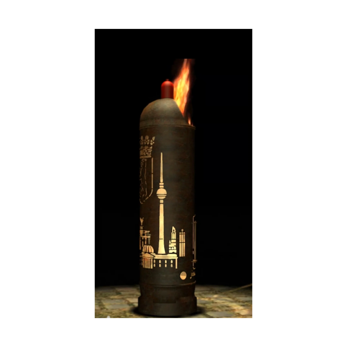 Feuertonne Berlin mit Flamme oben und goldenem Seitenmotiv auf dem rostfarbenen Rohr