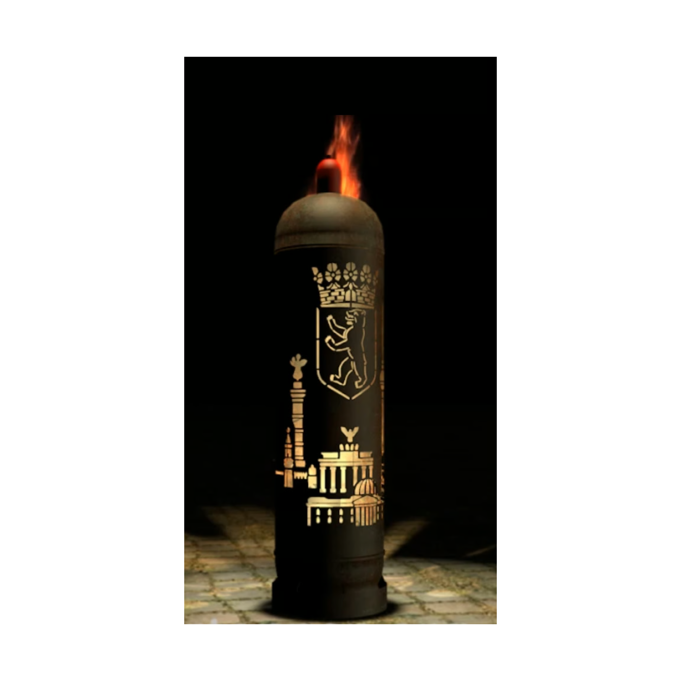 Feuertonne Berlin mit Flamme oben und goldenem Wappen- und Stadtmotiv auf dem Rohr