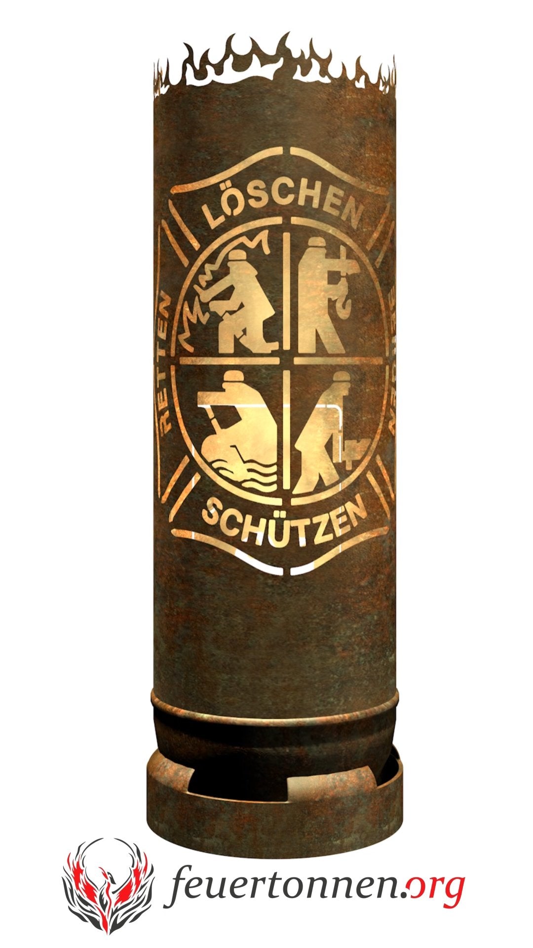 Feuertonne mit Feuerwehr-Emblem „Löschen & Schützen“, rostbraun, zylindrisch