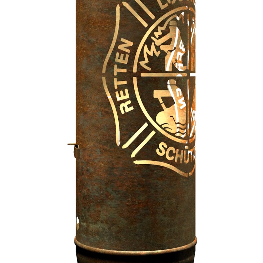 Feuertonne mit Feuerwehr-Emblem „Retten“ und Schutz-Symbol, rostbraun