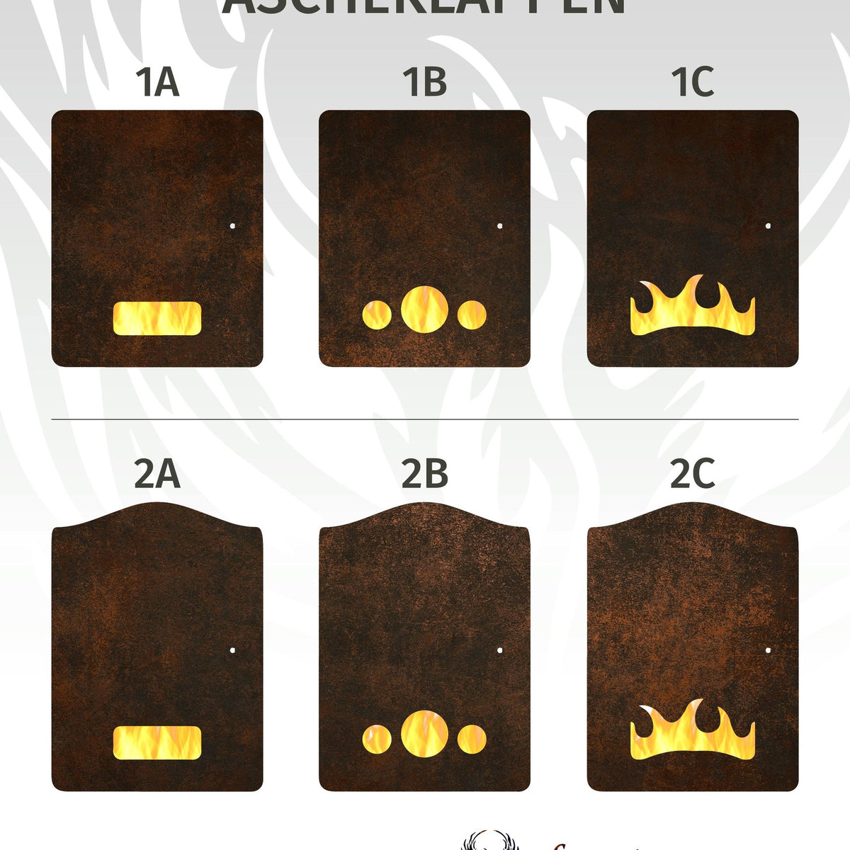 Feuertonne-Ascheklappen-Varianten: Formen 1A–1C und 2A–2C