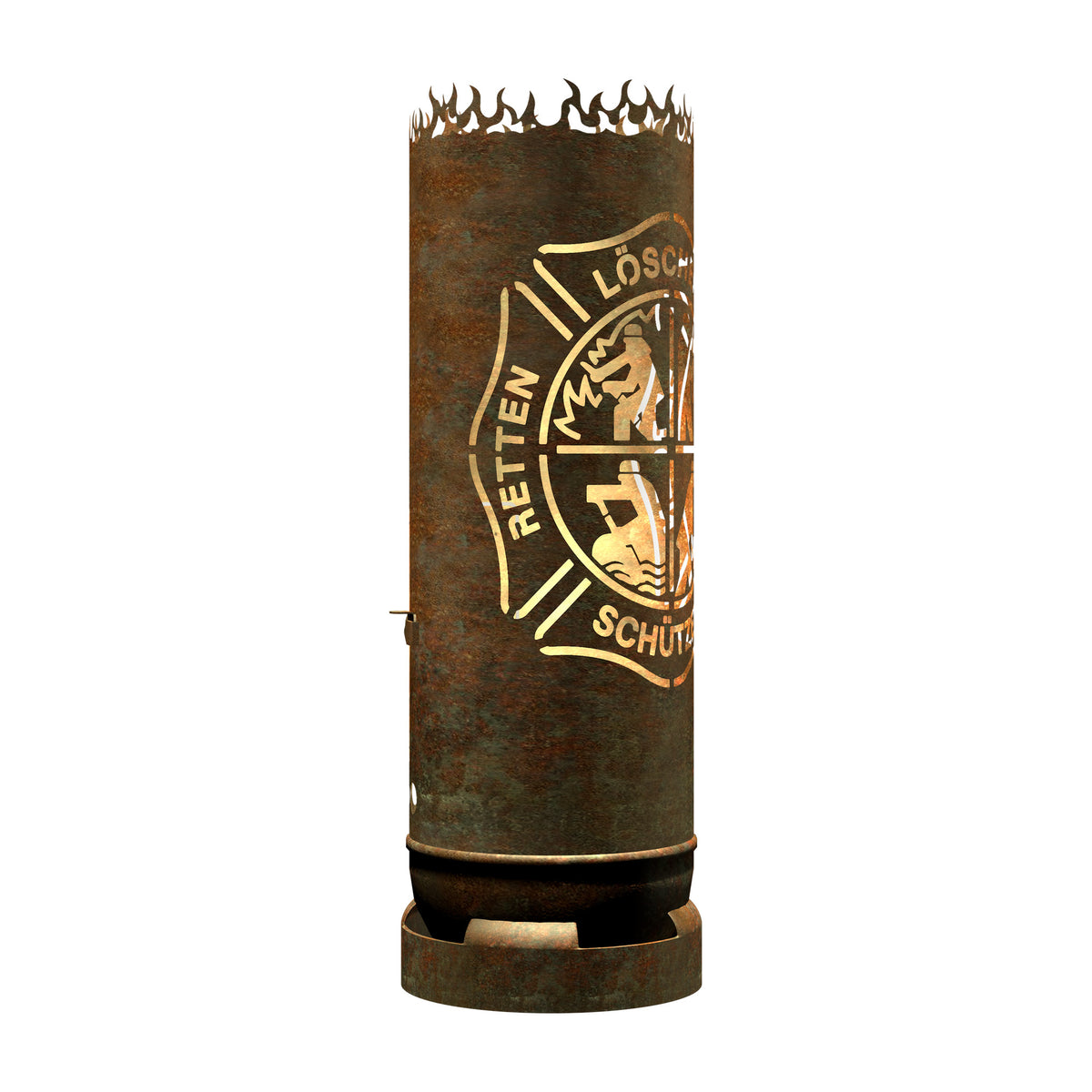 Feuertonne Feuerwehr mit RETTEN-LÖSCHEN-SCHÜTZEN-Emblem und Flammenöffnung