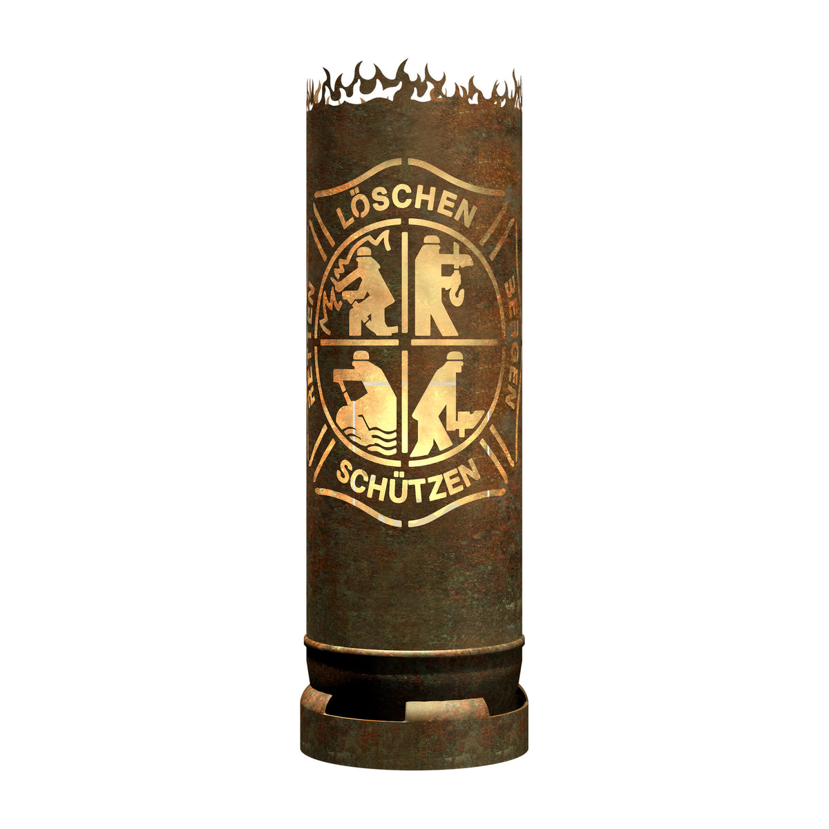 Feuertonne Feuerwehr mit rundem Lösch-/Schützen-Emblem und Flammenöffnung