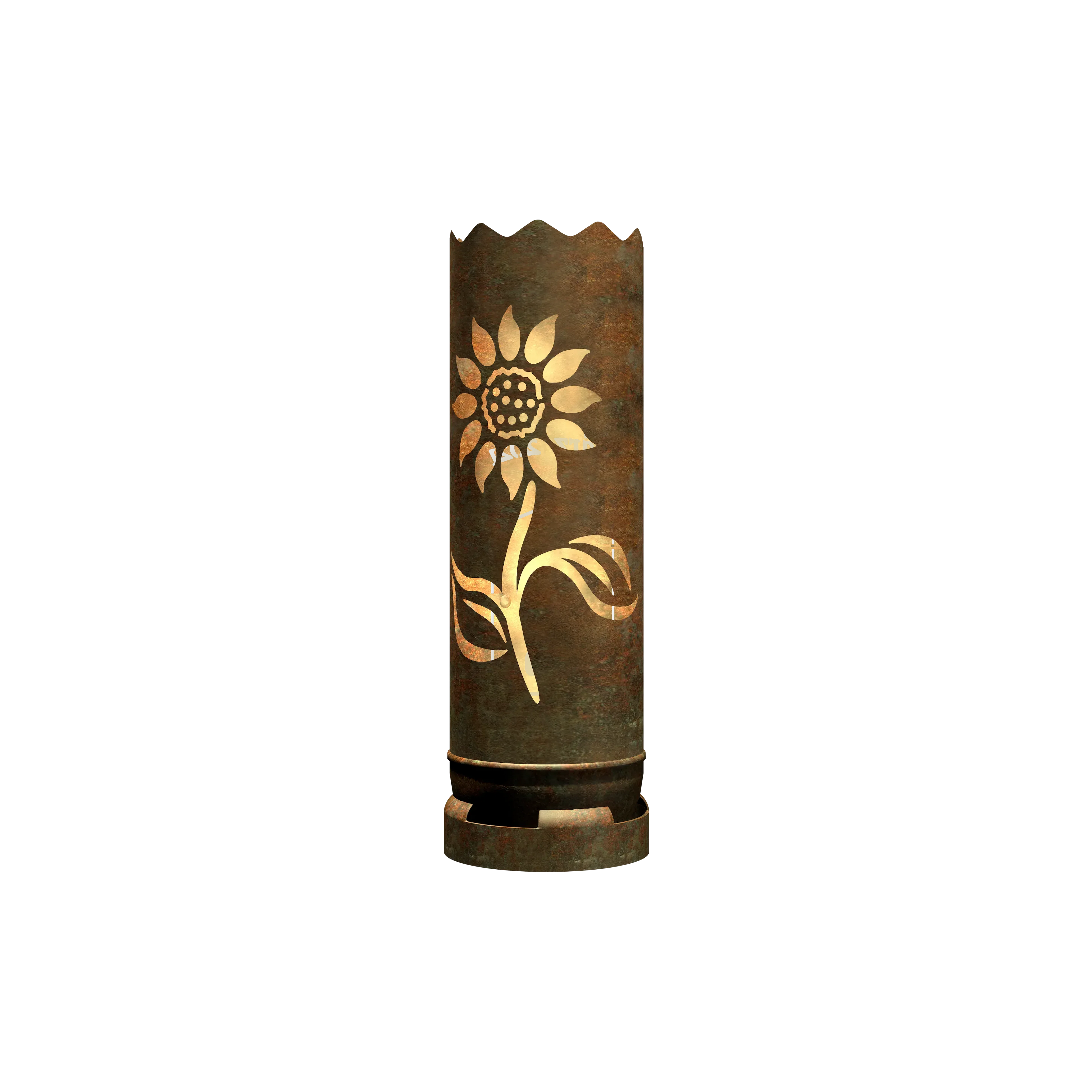 Feuertonne Sonnenblume: zylindrische Metalltonne mit goldenem Sonnenblumenmotiv