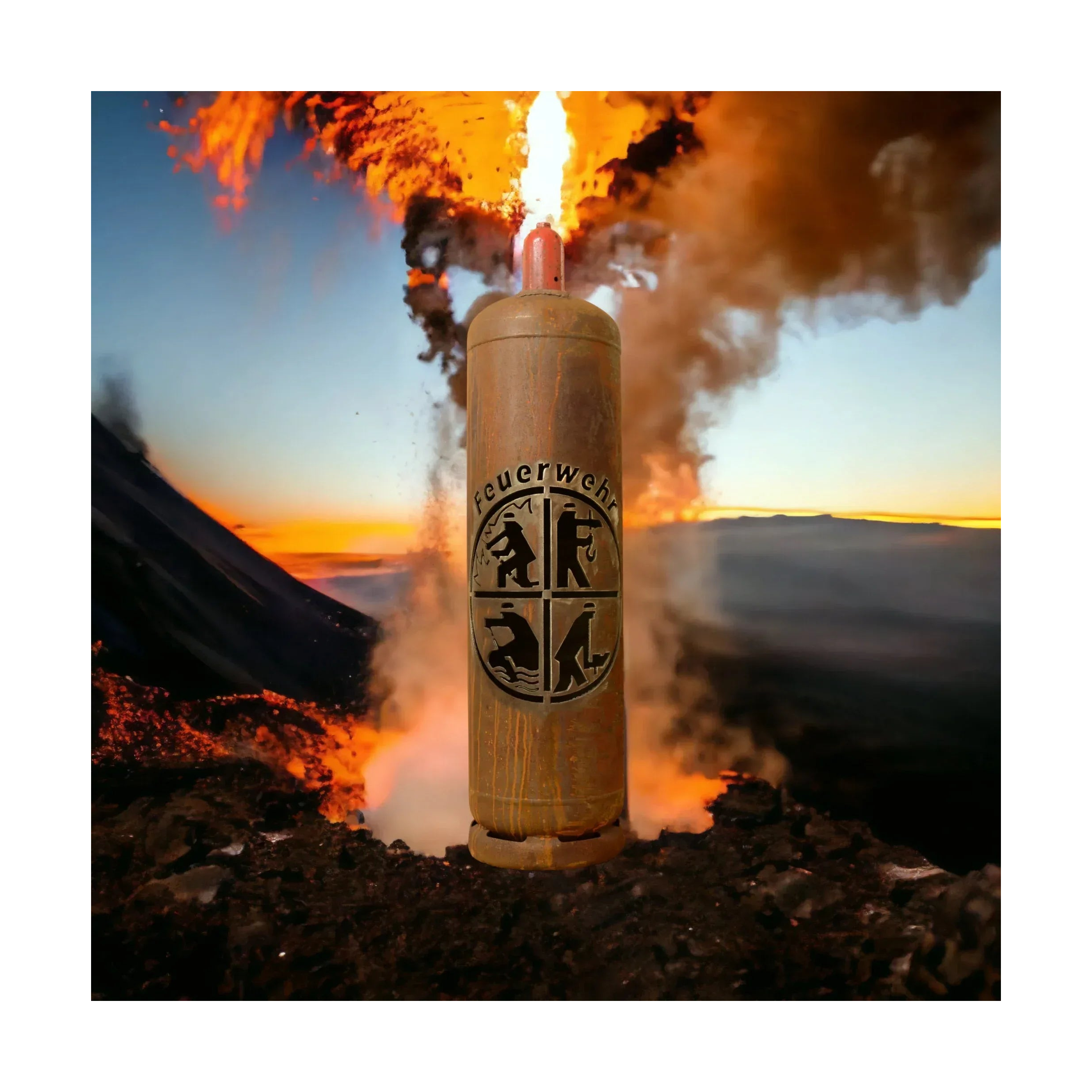 Personalisierte Feuertonne „Feuerwehr“ mit Flammen und Logo-Emblem am Zylinder