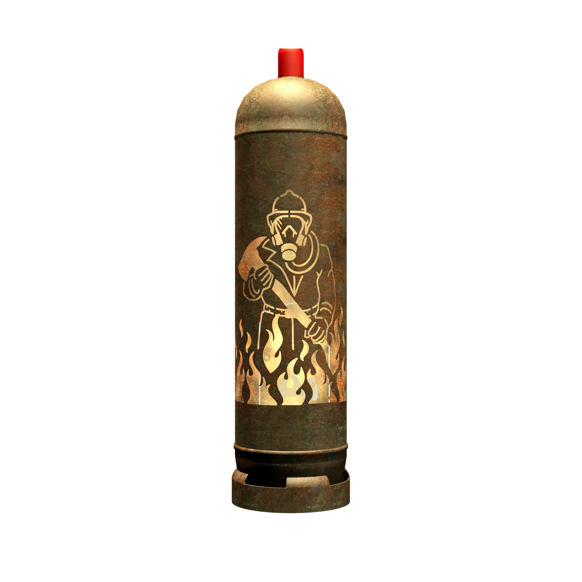 Feuertonne mit Feuerwehrmann-Design, rostbrauner Metallzylinder mit goldfarbenem Motiv und Feuer
