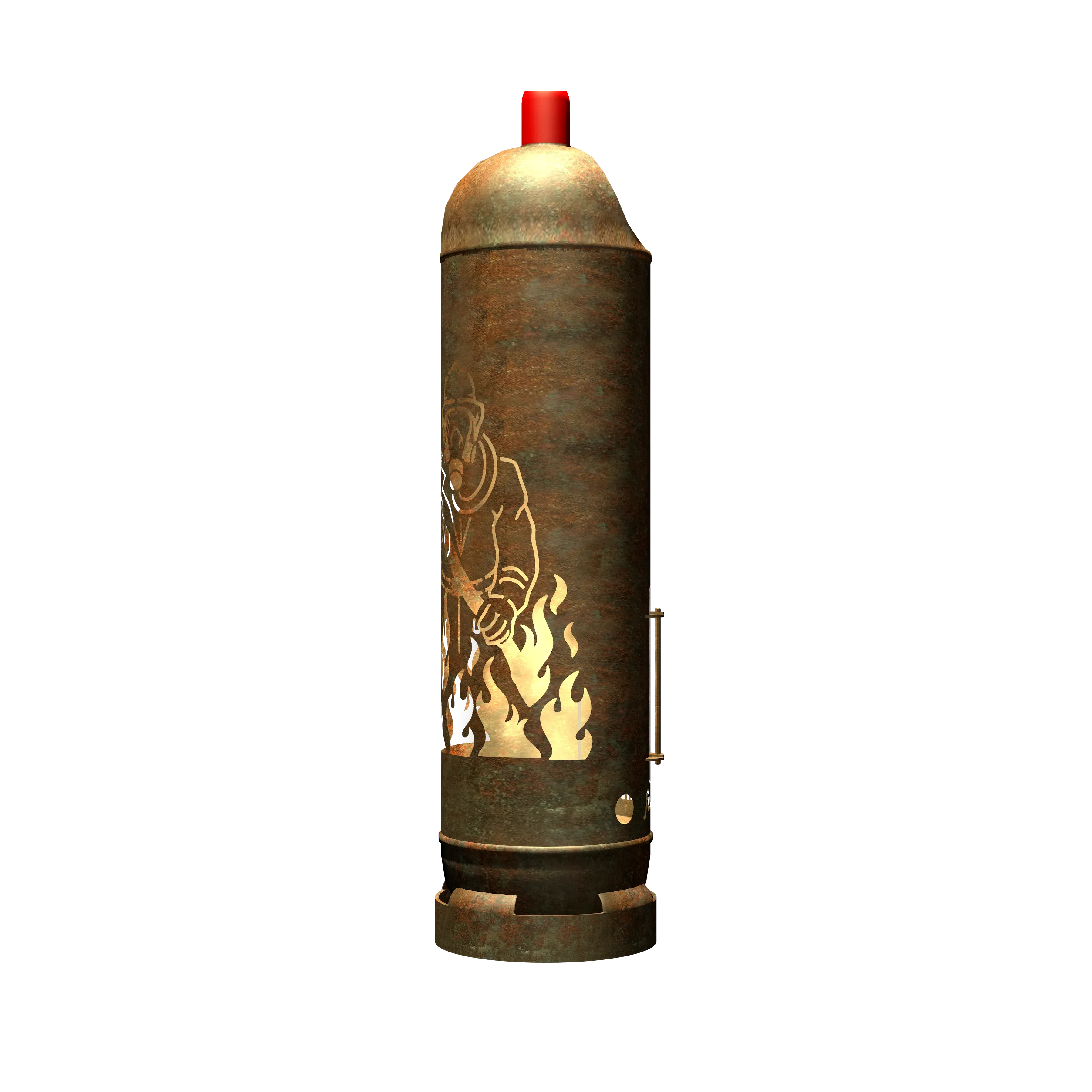 Feuertonne mit Feuerwehrmann-Relief am Zylinder, rostbraunes Metall, rote Brennerkappe oben
