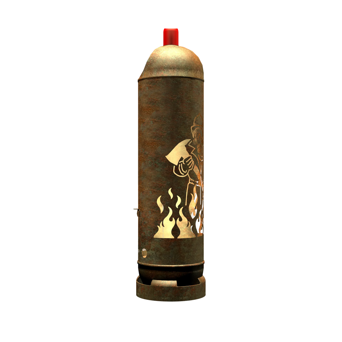 Feuertonne mit Feuerwehrmann-Motiv am Zylinder, rostbraunes Metall, teilansicht des Relieffs