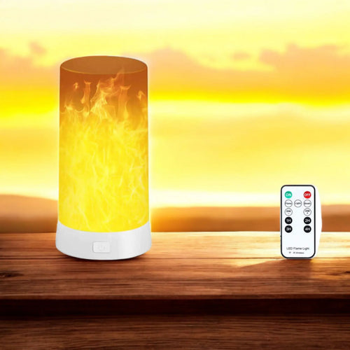 LED-Flammen-Lampe mit gelber Flammenprojektion und Fernbedienung, weißer Zylinder-Look
