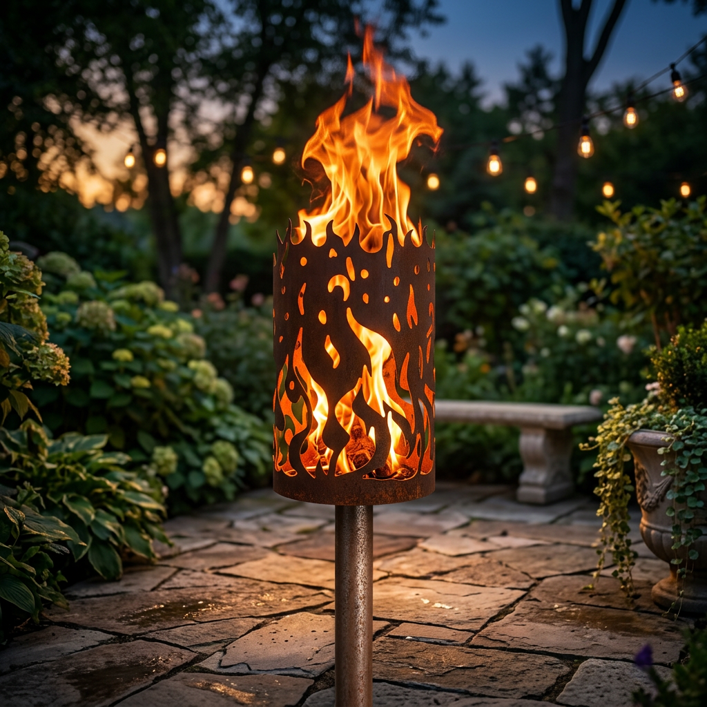 Gartenfackel mit Stiel, zylindrische Flamme mit Lochmuster rundum