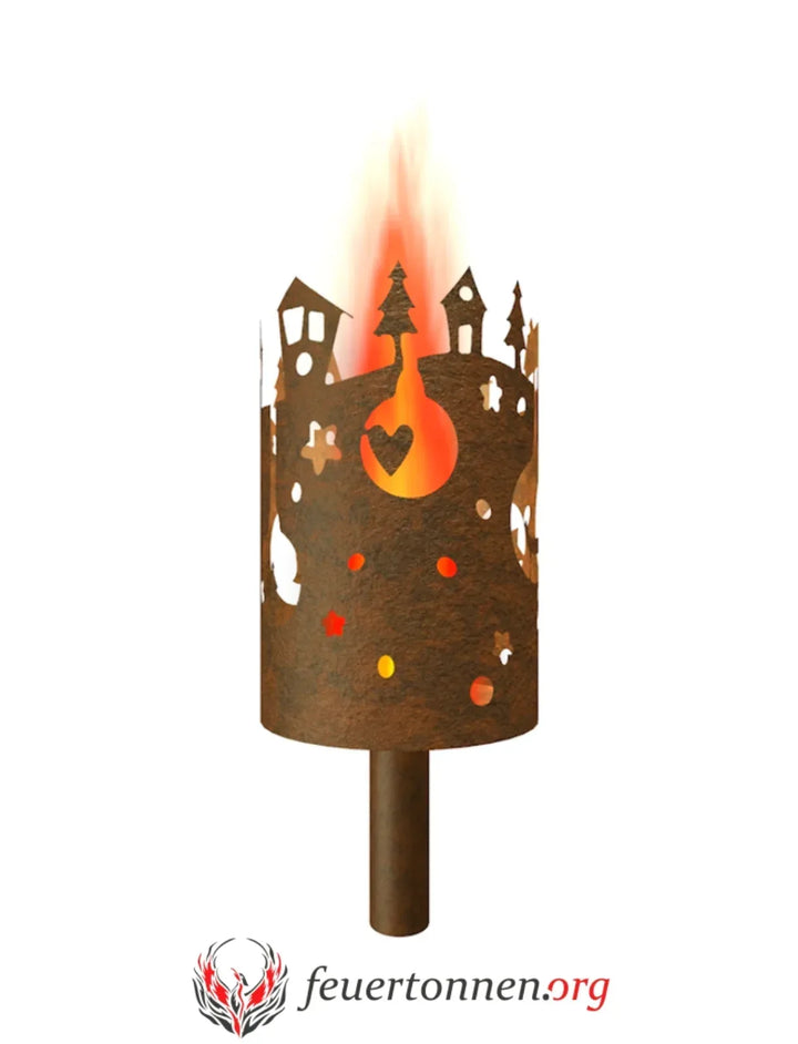 Gartenfackel mit Weihnachtsdorf-Silhouetten, brennende Flamme, Stiel