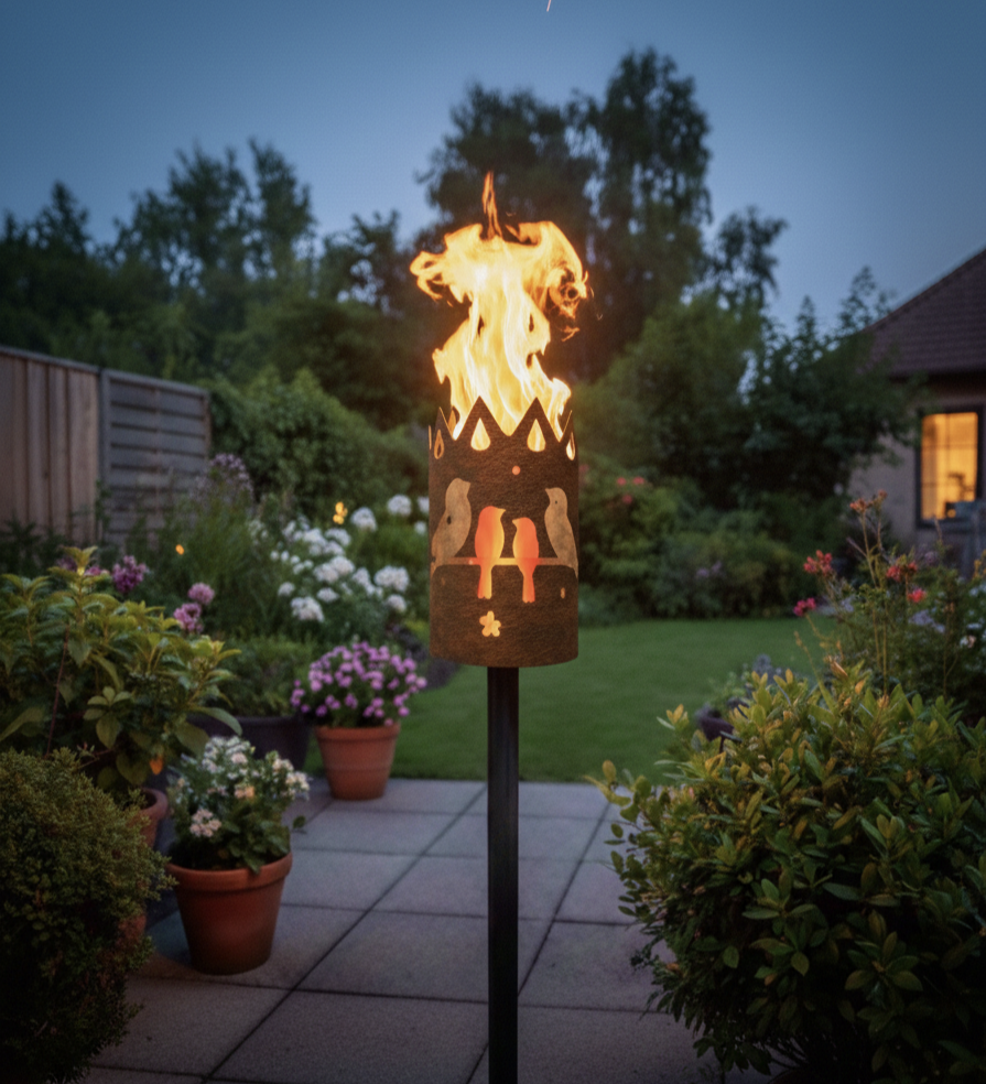 Gartenfackel mit Vogelmotiv, Metallzylinder und Flammen auf schwarzem Ständer