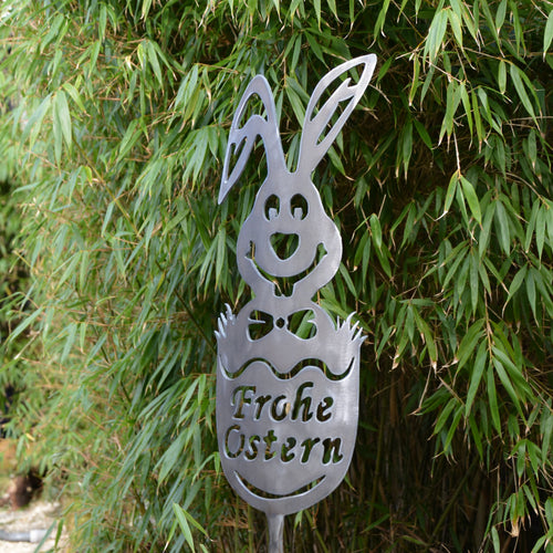 Gartenstecker Hase mit „Frohe Ostern“-Aufdruck, silberfarbene Metallfigur
