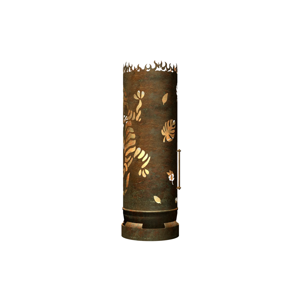 Zylindrische Feuertonne mit rostiger Patina und seitlichem Gecko- sowie Blattmotiv