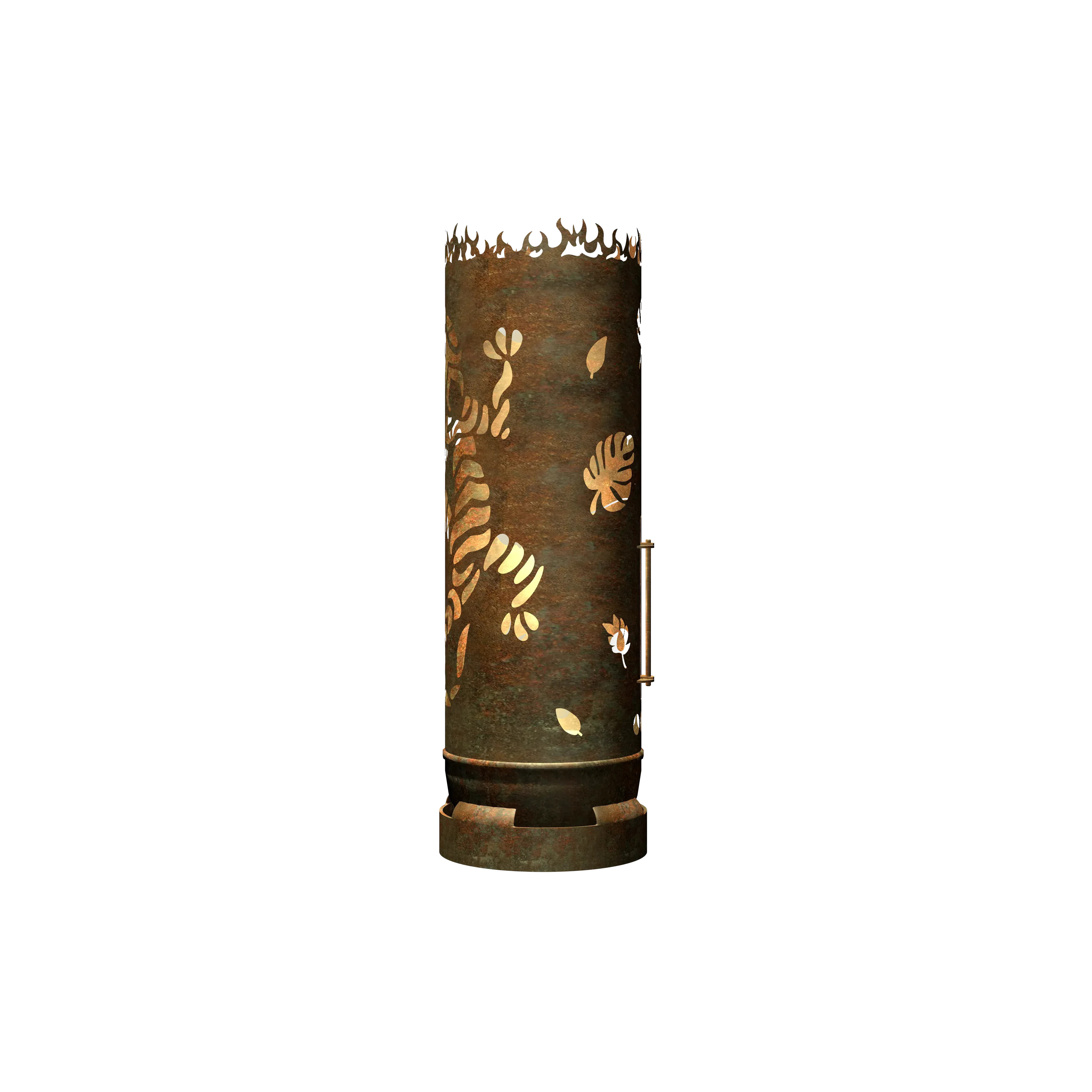 Zylindrische Feuertonne mit rostiger Patina und seitlichem Gecko- sowie Blattmotiv