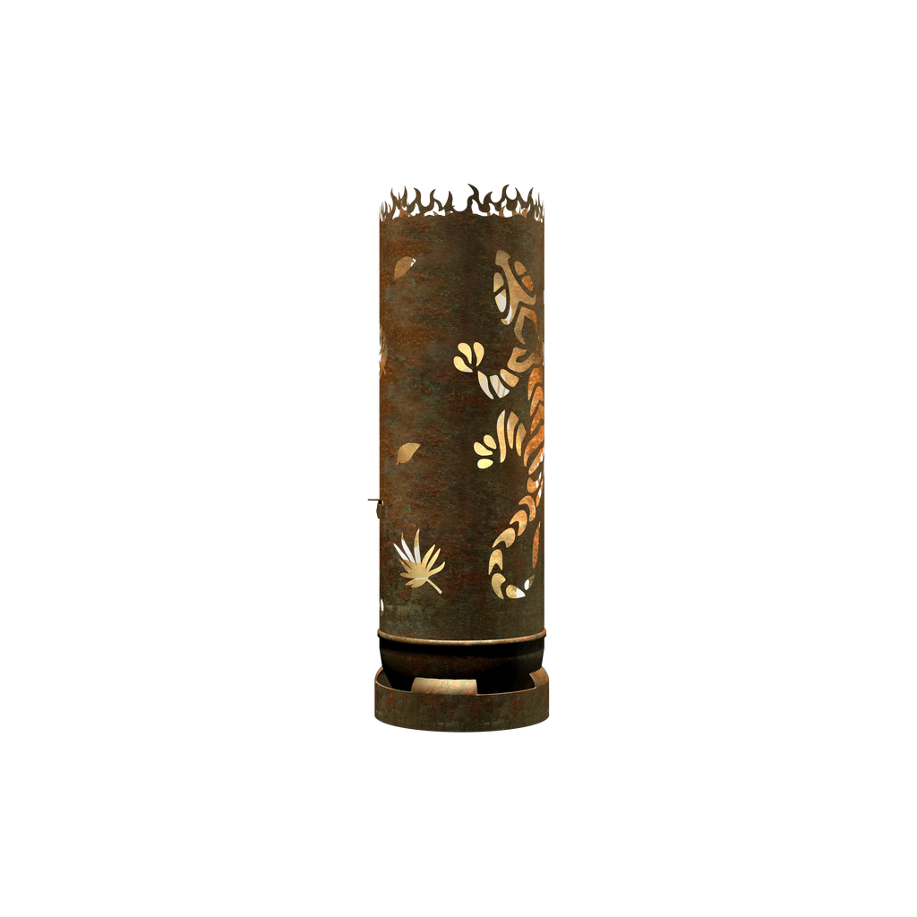 Rostige Feuertonne mit gestanzten Blättern und Gecko-Motiven, geschlossene zylindrische Form