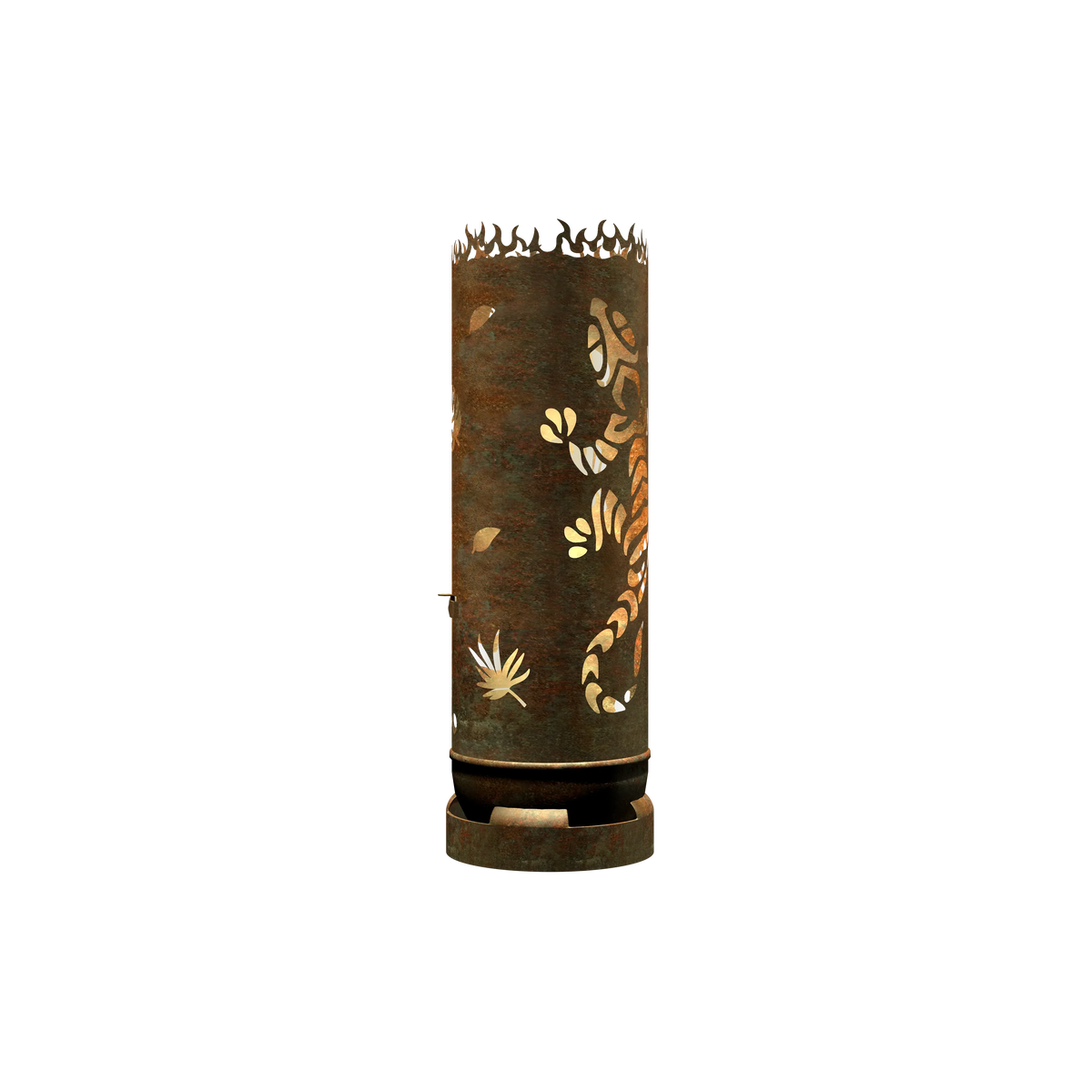 Rostige Feuertonne mit gestanzten Blättern und Gecko-Motiven, geschlossene zylindrische Form
