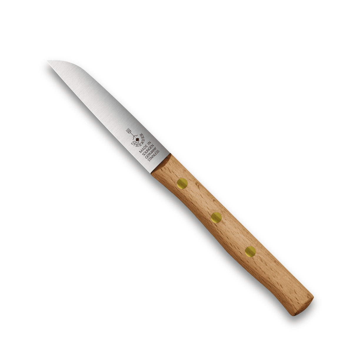 Gemüsemesser mit hellem Holzgriff, glatte silberfarbene Klinge, Messerschutz am Heft
