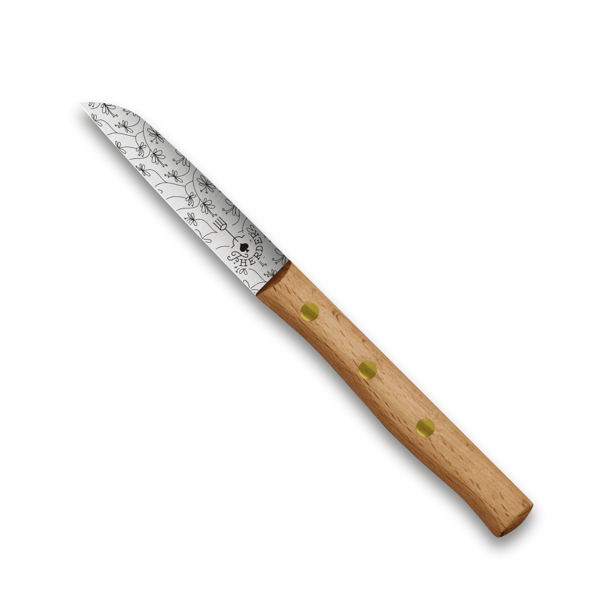 Gemüsemesser mit hellem Holzgriff, silberfarbene Klinge mit feinem Ranken-Layout, Messerschutz