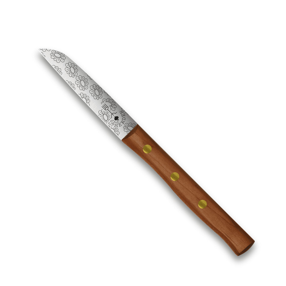 Gemüsemesser mit dunklem Holzgriff, silberfarbene Klinge mit Blumenmuster, Messerschutz am Heft