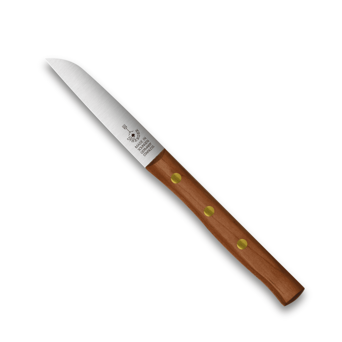 Gemüsemesser mit braunem Holzgriff und glatter Edelstahlklinge, gelbe Nieten