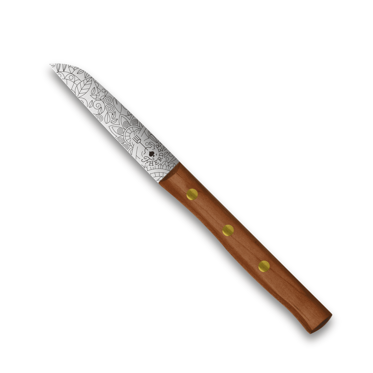 Gemüsemesser mit dunklem Holzgriff, silberfarbene Klinge mit Rankenmuster, Messerschutz am Heft