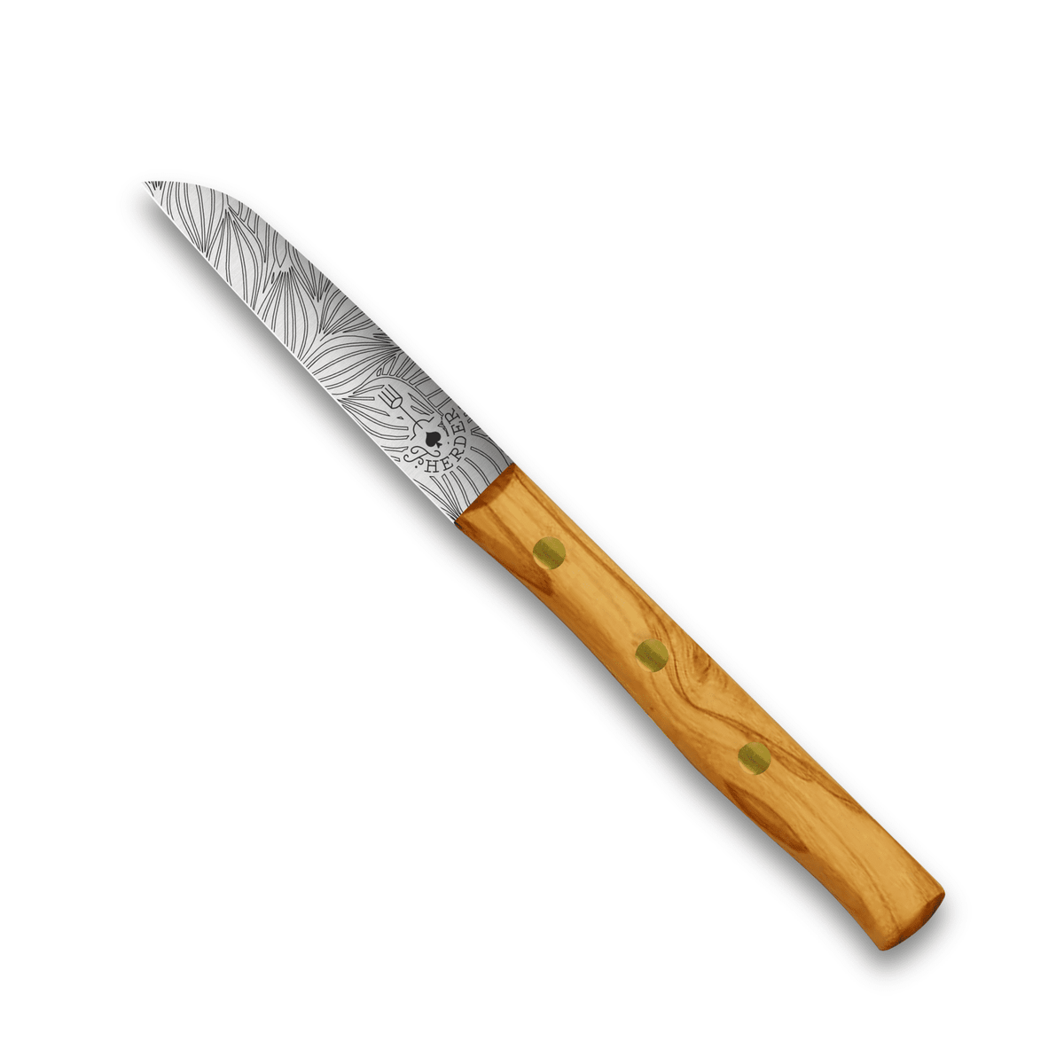 Gemüsemesser mit hellem Holzgriff und gemusterter Edelstahlklinge, gelbe Nieten