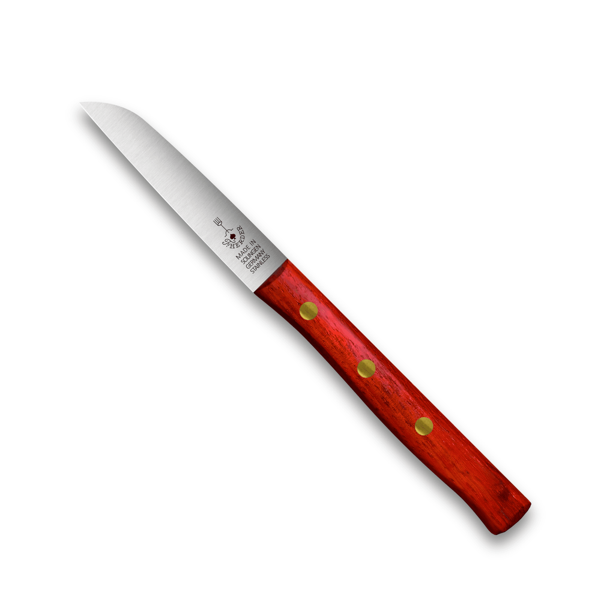 Gemüsemesser mit silberner Klinge und rotem Holzgriff mit gelben Punkt-Einlagen