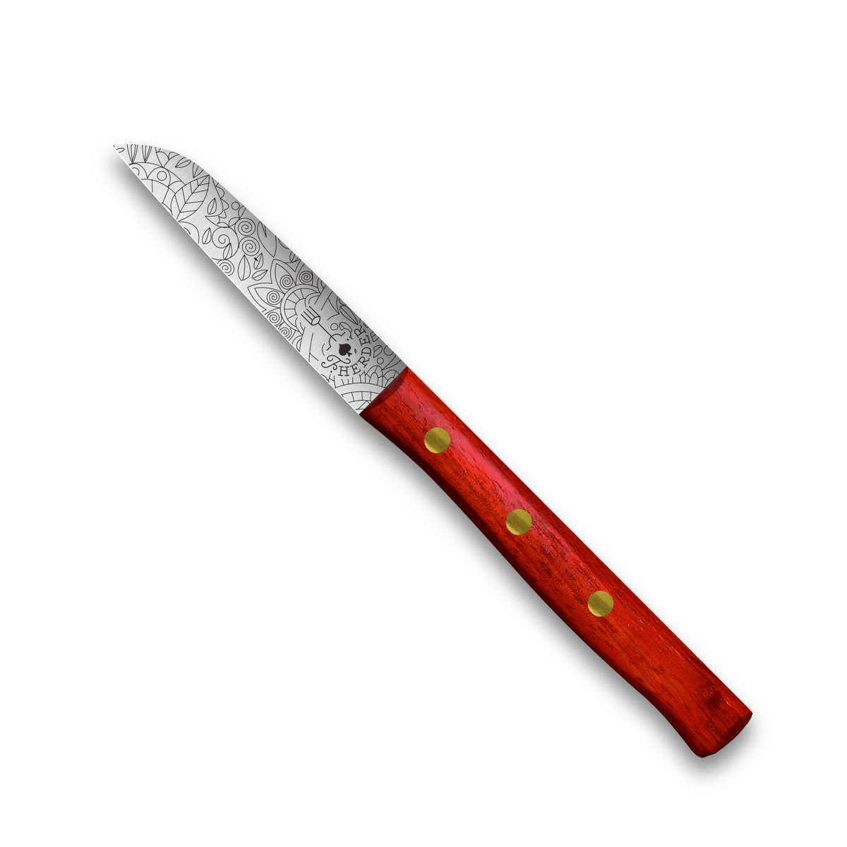 Gemüsemesser mit rotem Holzgriff und ornamental gemusterter Edelstahlklinge