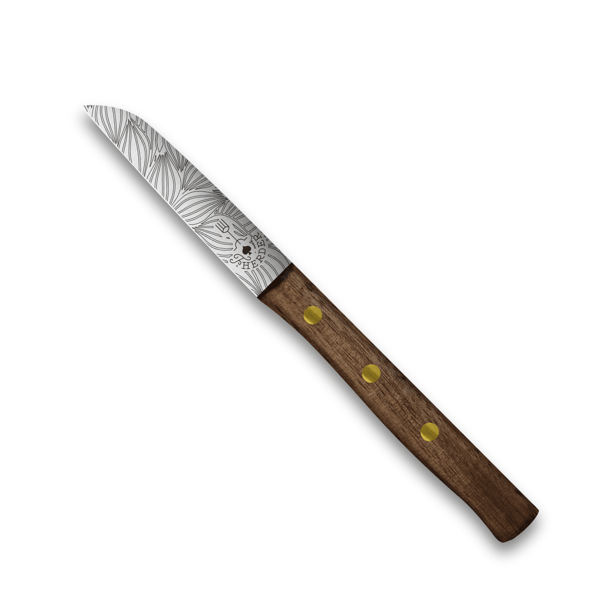 Gemüsemesser mit Holzgriff, silberfarbene Klinge mit Blattmuster, Messerschutz am Heft