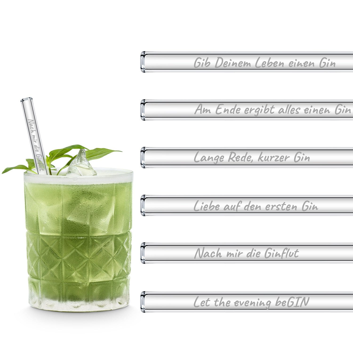 Gin Edition 6x Glasstrohhalme mit gravierten Gin-Sprüchen in Deutsch 15cm, 20cm und 23cm