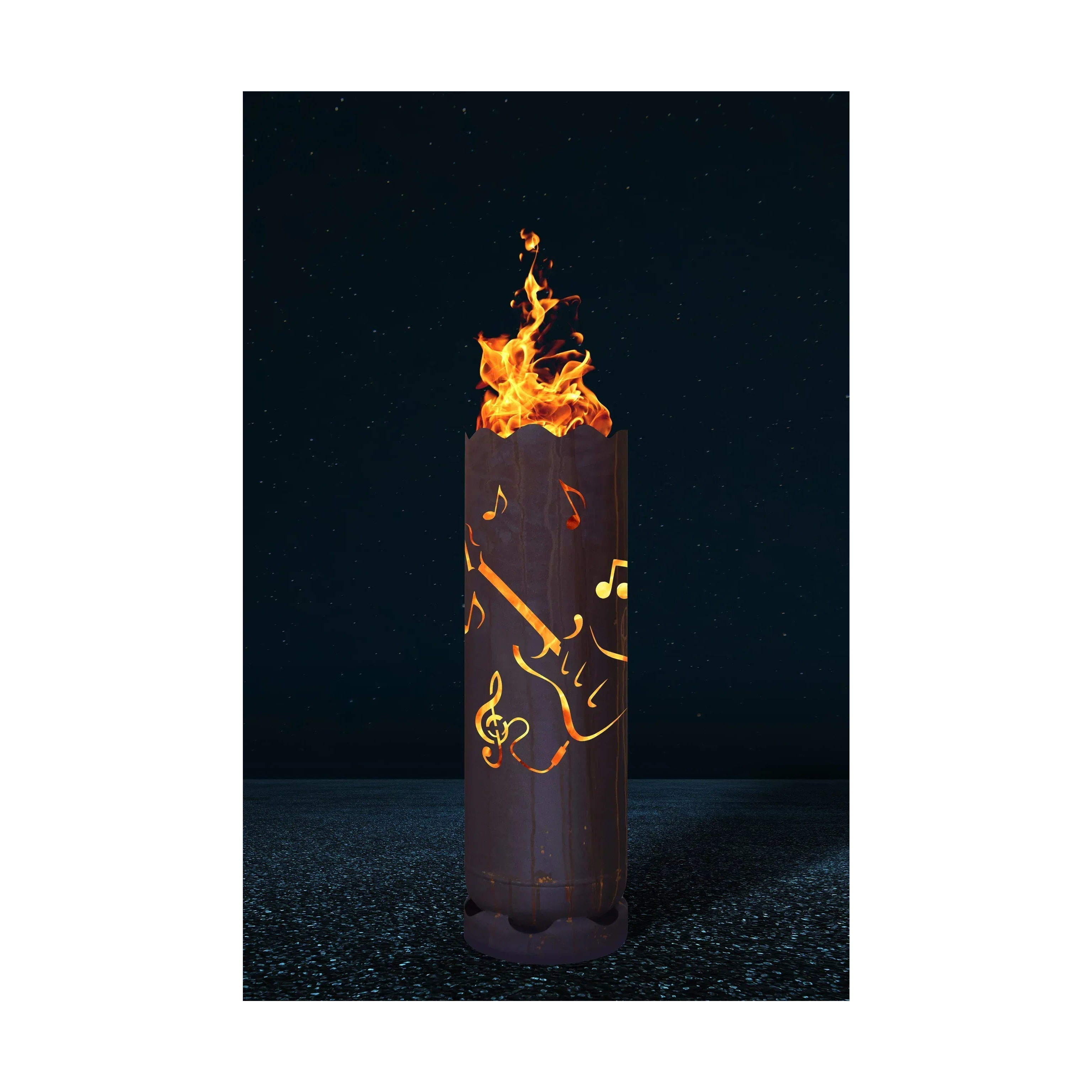Feuertonne mit Gitarrenmotiv und Noten, zylindrisches Metallfass mit Flamme oben