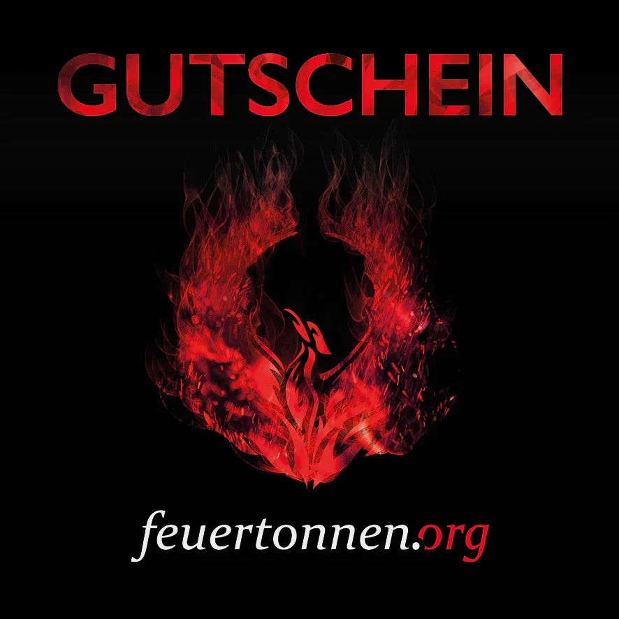 Geschenk-Gutschein mit rotem „GUTSCHEIN“-Schriftzug, Flammenemblem und feuertonnen.org