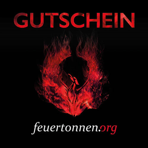 Geschenk-Gutschein mit rotem „GUTSCHEIN“-Schriftzug, Flammenemblem und feuertonnen.org
