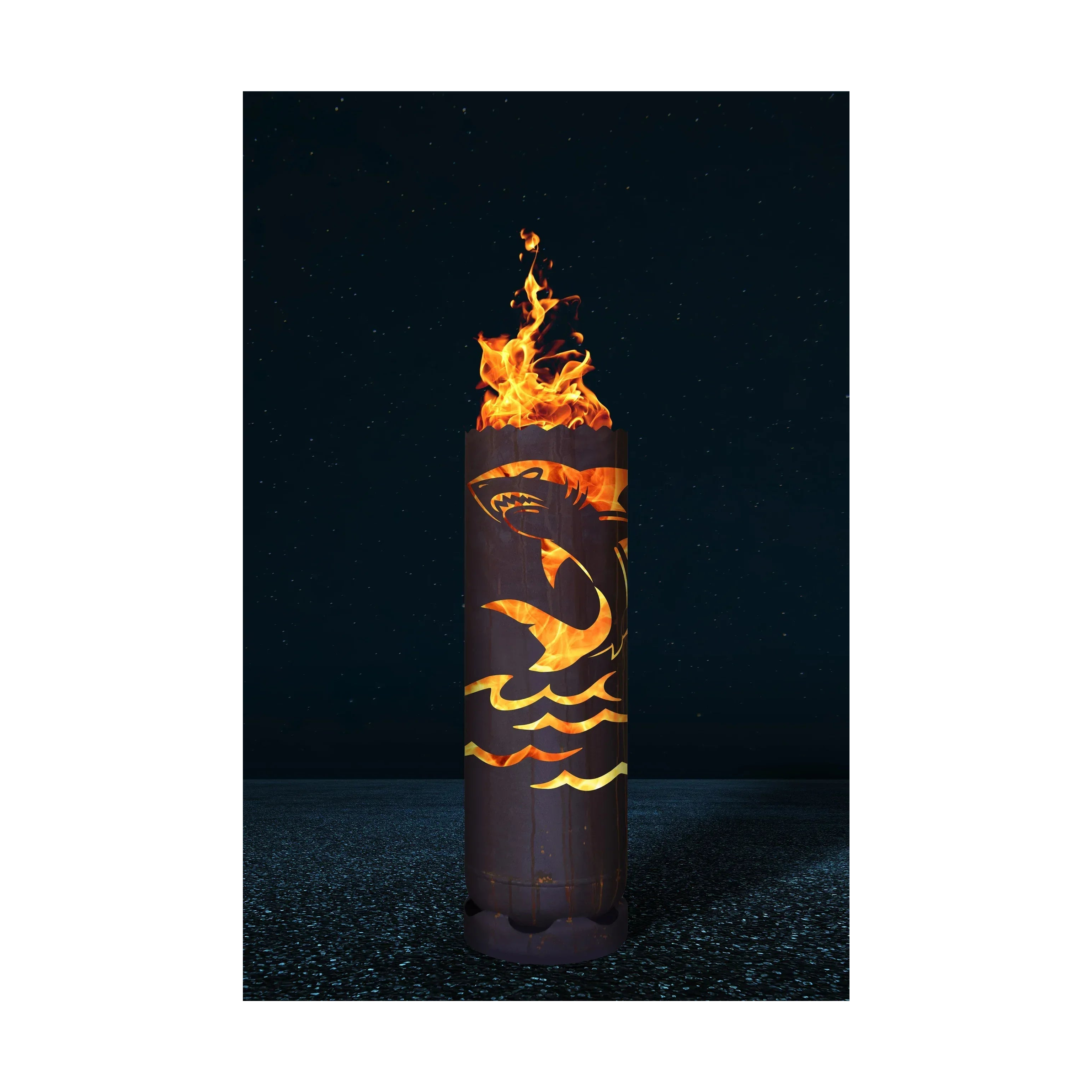 Feuertonne aus Metall, zylindrisch mit Flammenaufsatz und dekorativem Hai-Motiv
