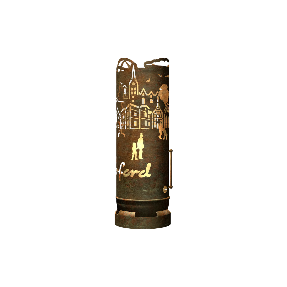 Feuertonne Herford mit Häuserlandschaft-Motiv, zwei Figuren und rostbraunem Stahl