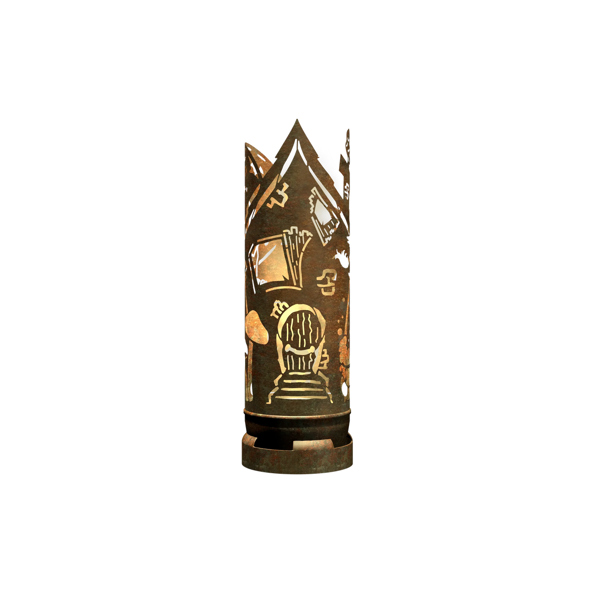 Feuertonne mit Hexenhaus-Design, goldene Motive mit Tür und Schriftzeichen
