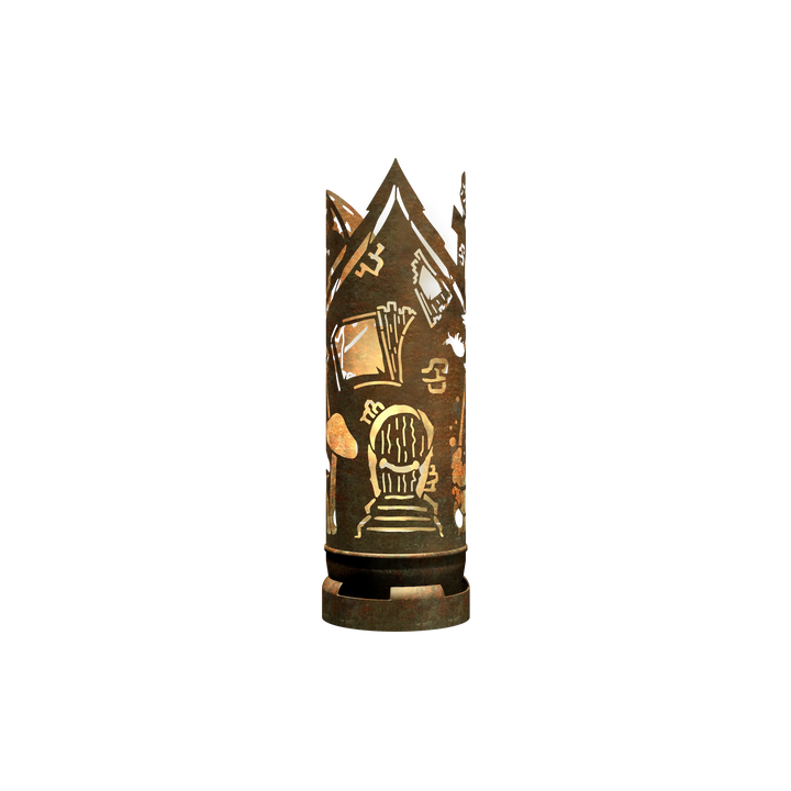 Feuertonne mit Hexenhaus-Design, goldene Motive mit Tür und Schriftzeichen