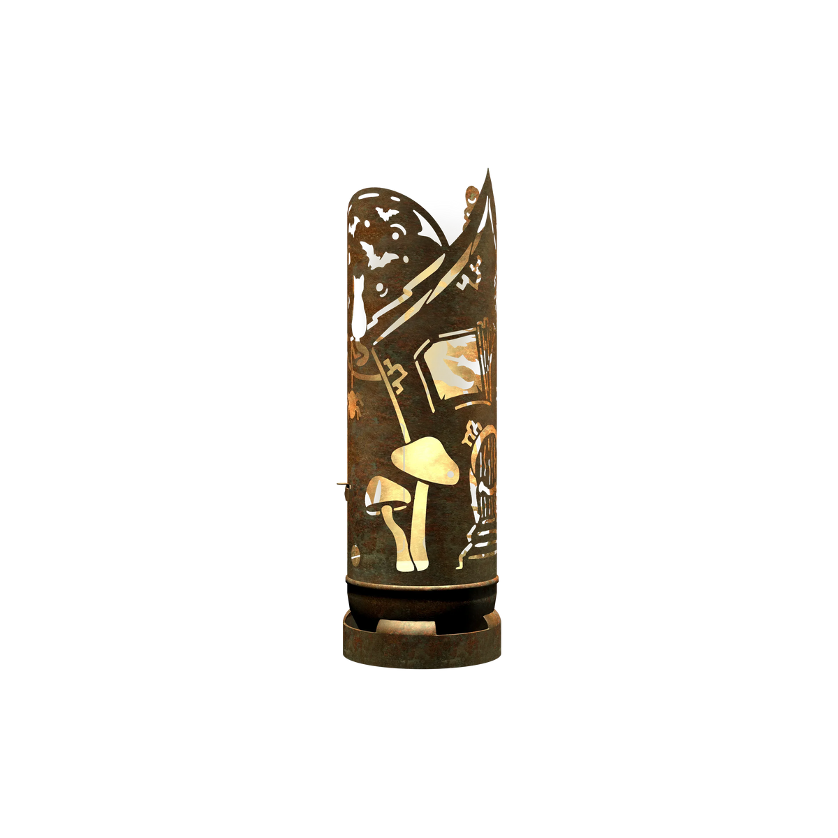 Feuertonne mit Hexenhaus-Motiv, goldene Figuren und Symbole auf dunkler Tonne