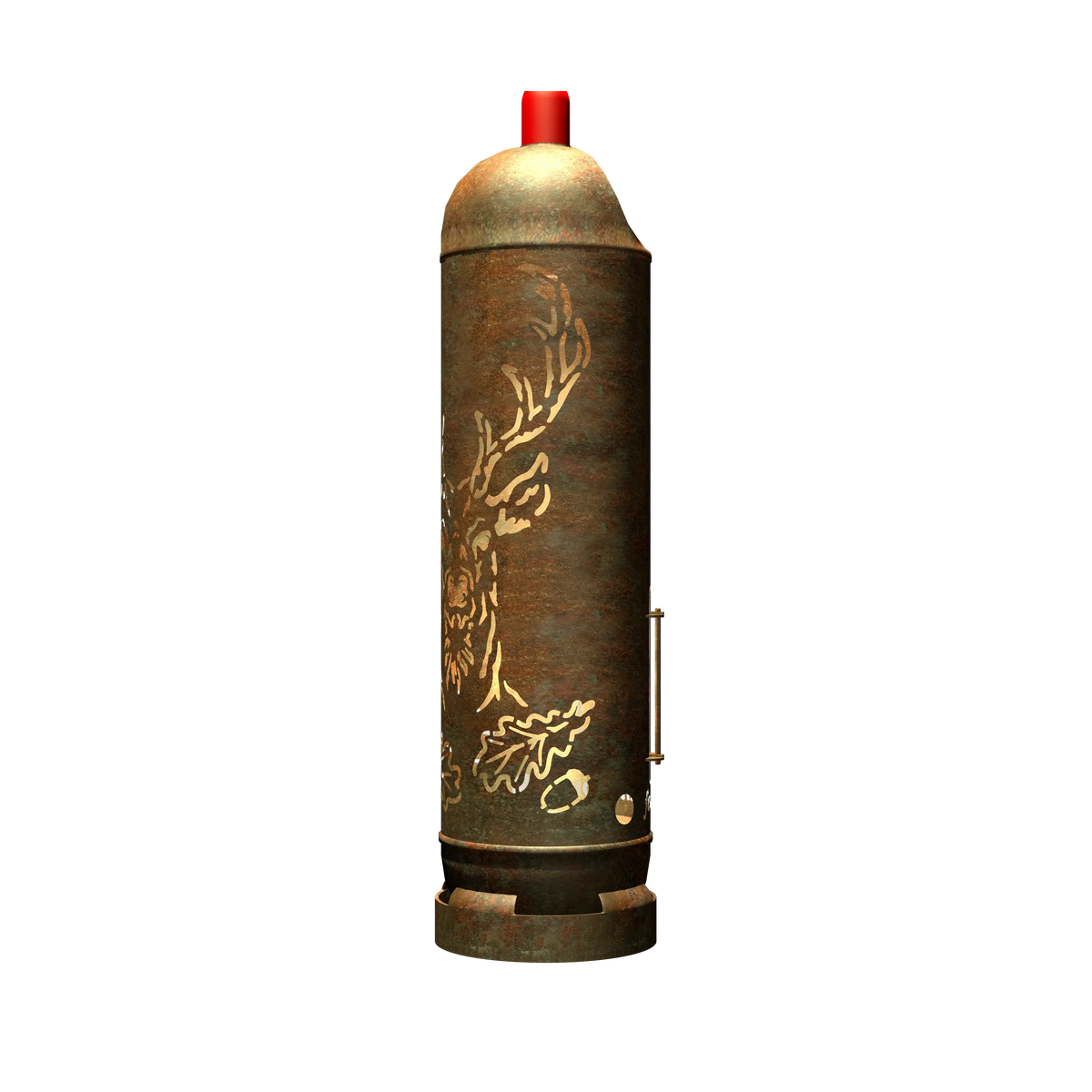 Feuertonne mit erhabenem Hirsch- und Geweihornament, rostbraune Oberfläche, roter Aufsatz