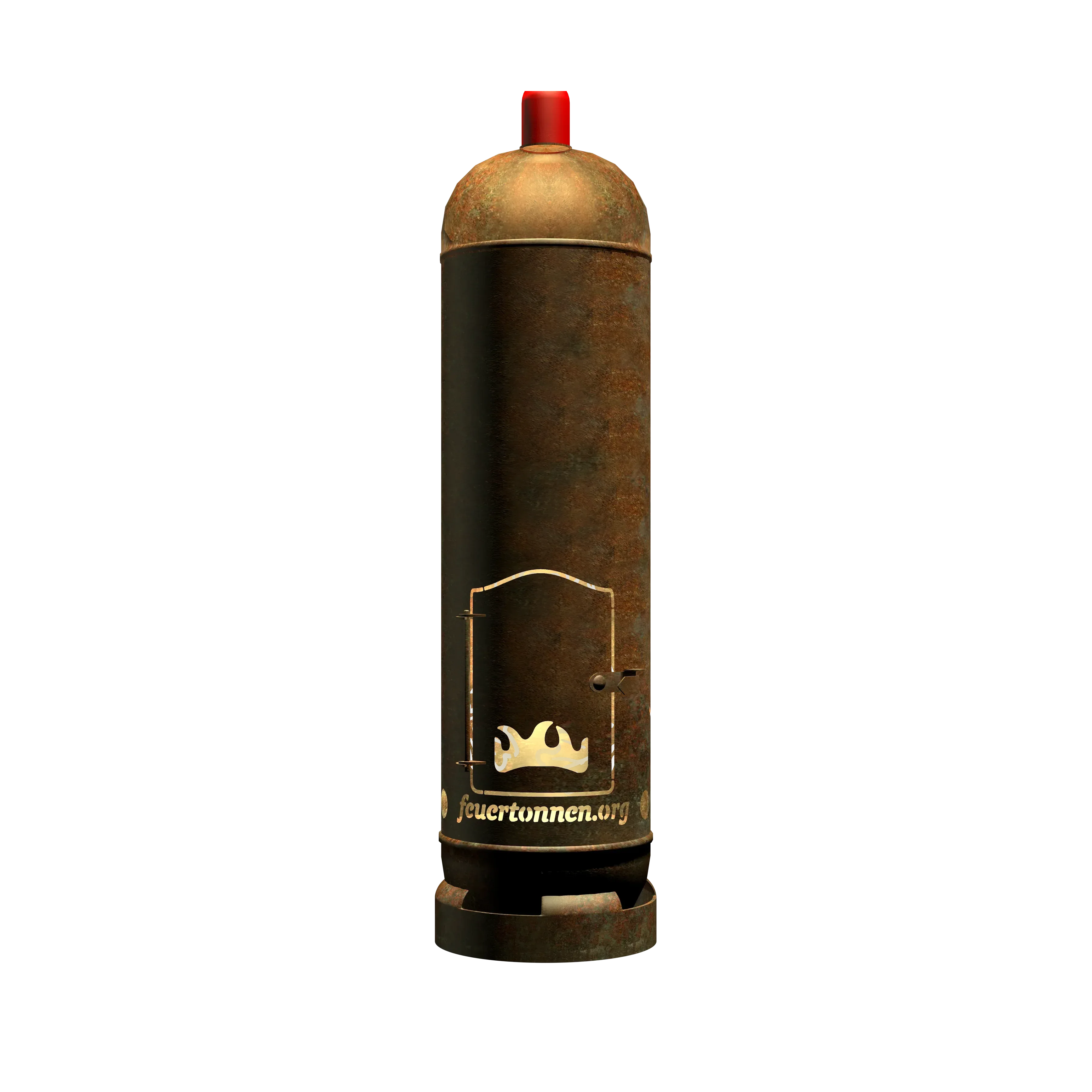 Feuertonne mit Hirschmotiv am Zylinder, Metalloptik, roter Kaminaufsatz und Standfuß