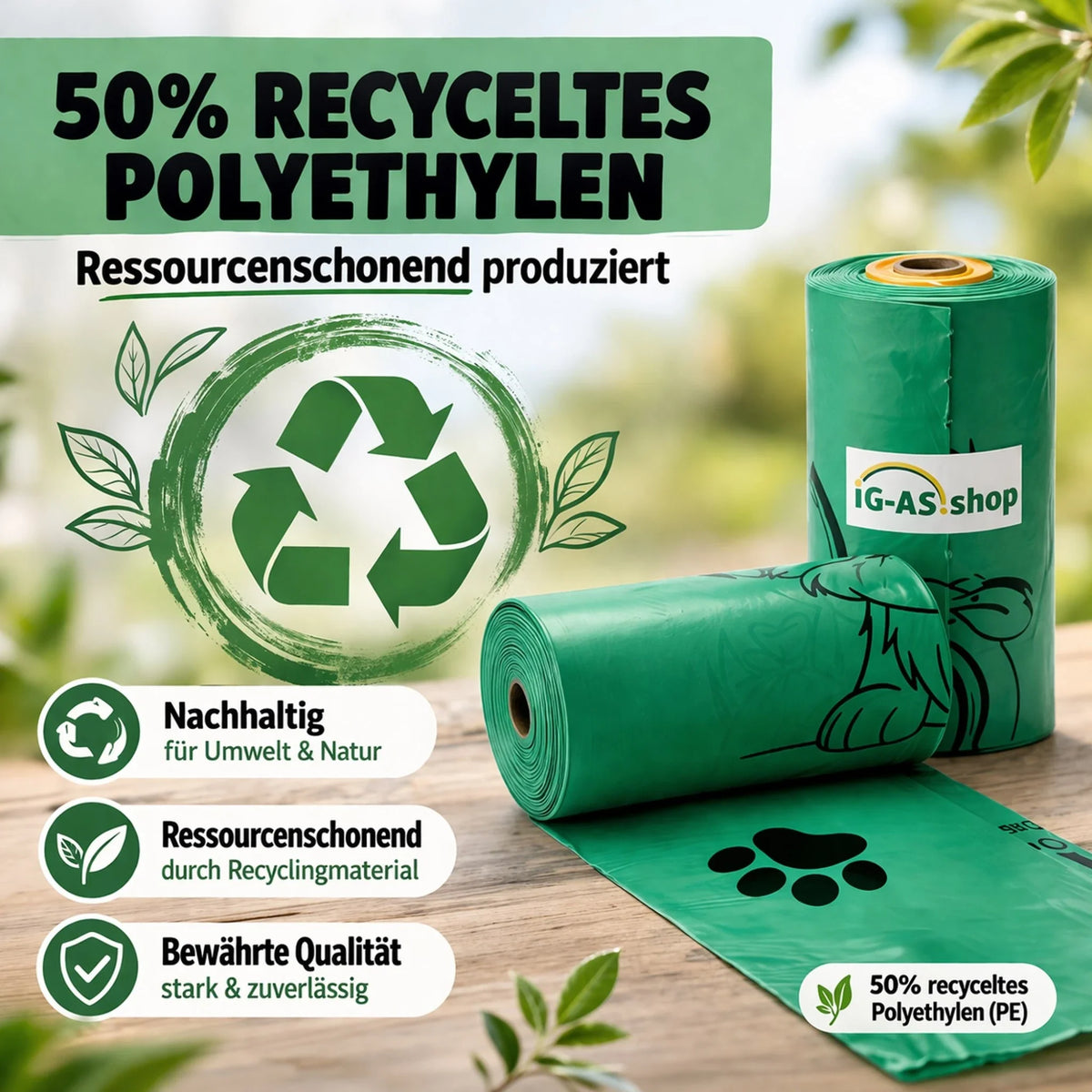 Hundekotbeutel-Rollen, grün, mit Recyclinghinweisen und Pfotenmotiv