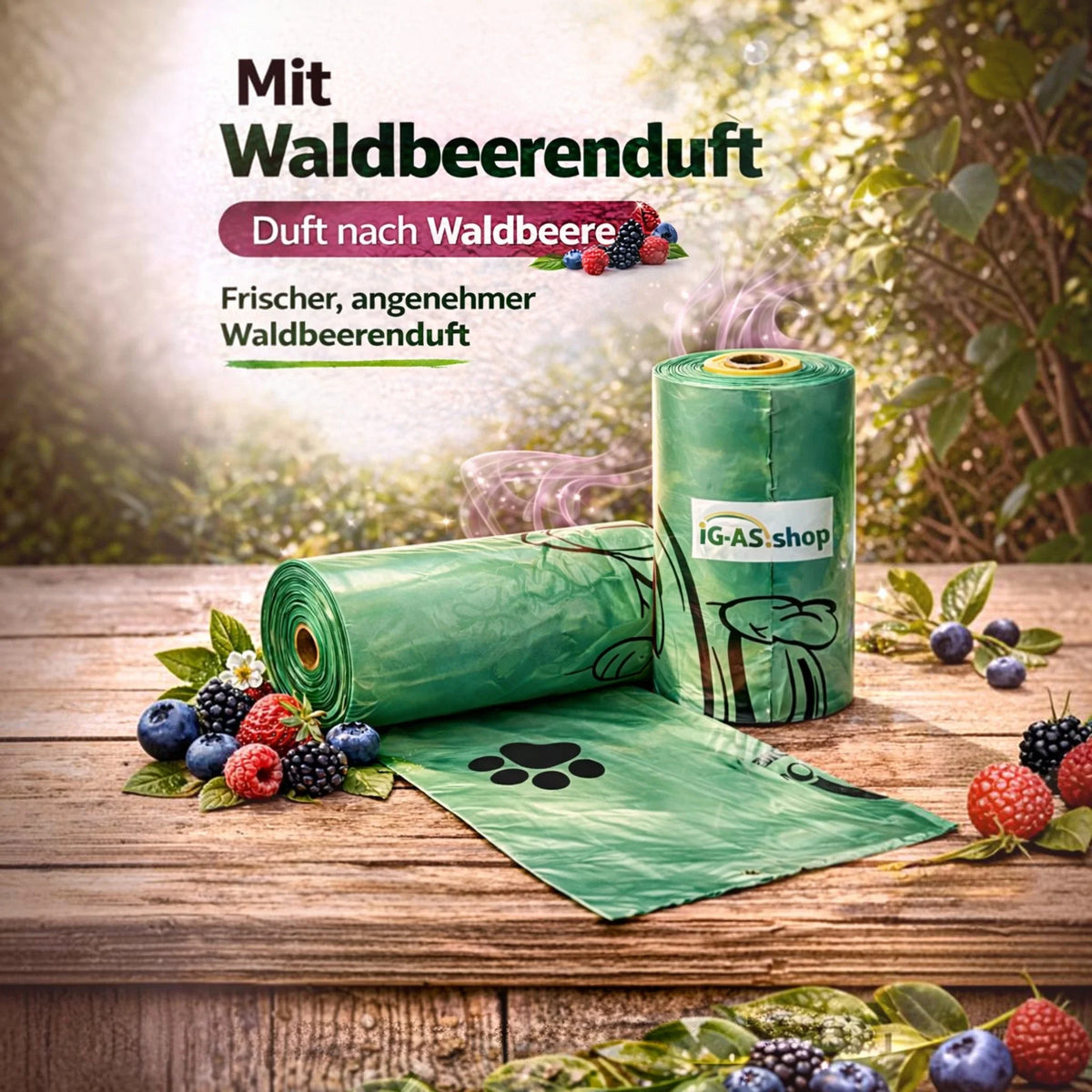 Hundekotbeutel auf Rolle, grün, mit Waldbeerenduft, Pfotenmotiv