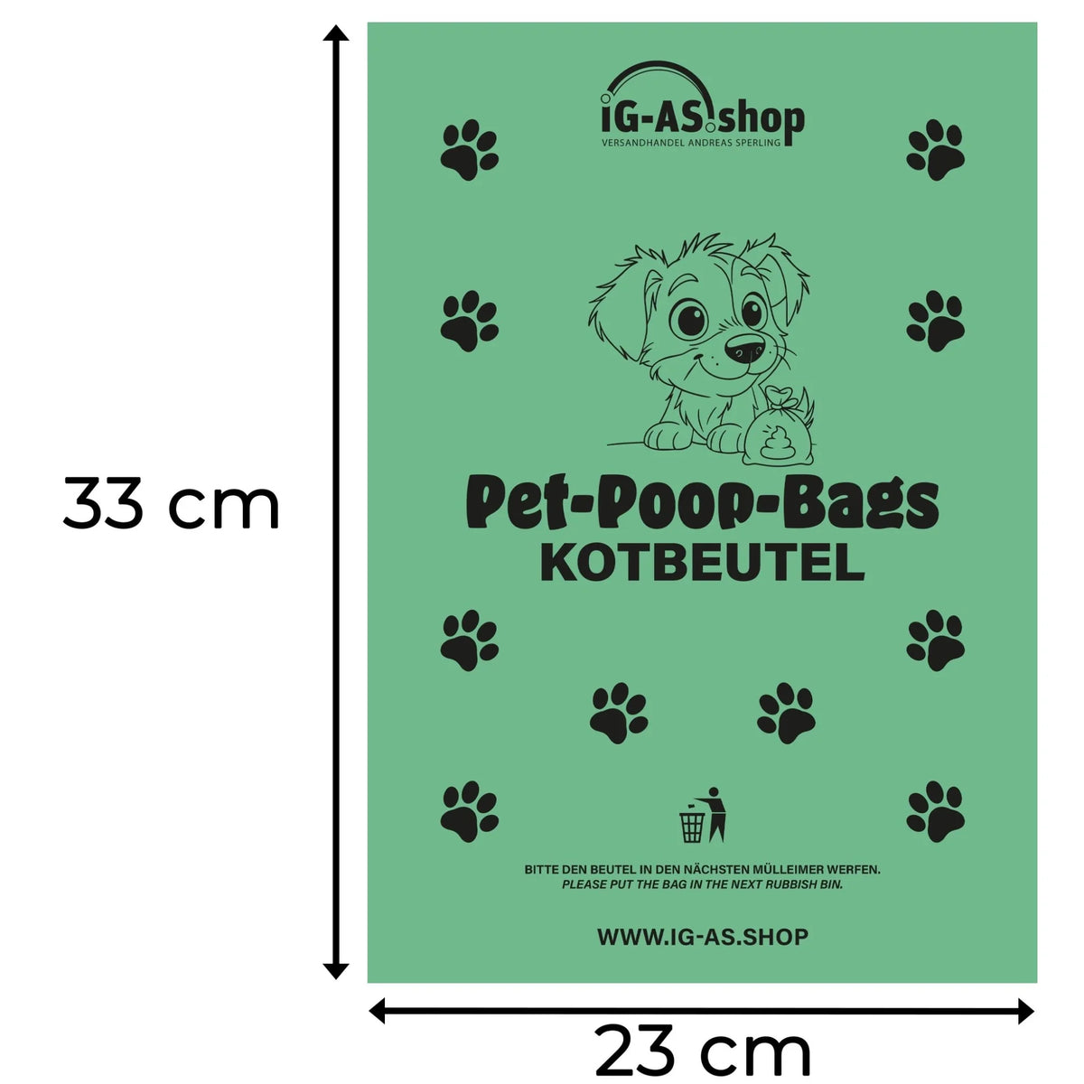 Hundekotbeutel-Packung, grün, Maße 23×33 cm, mit Pfotenmotiv