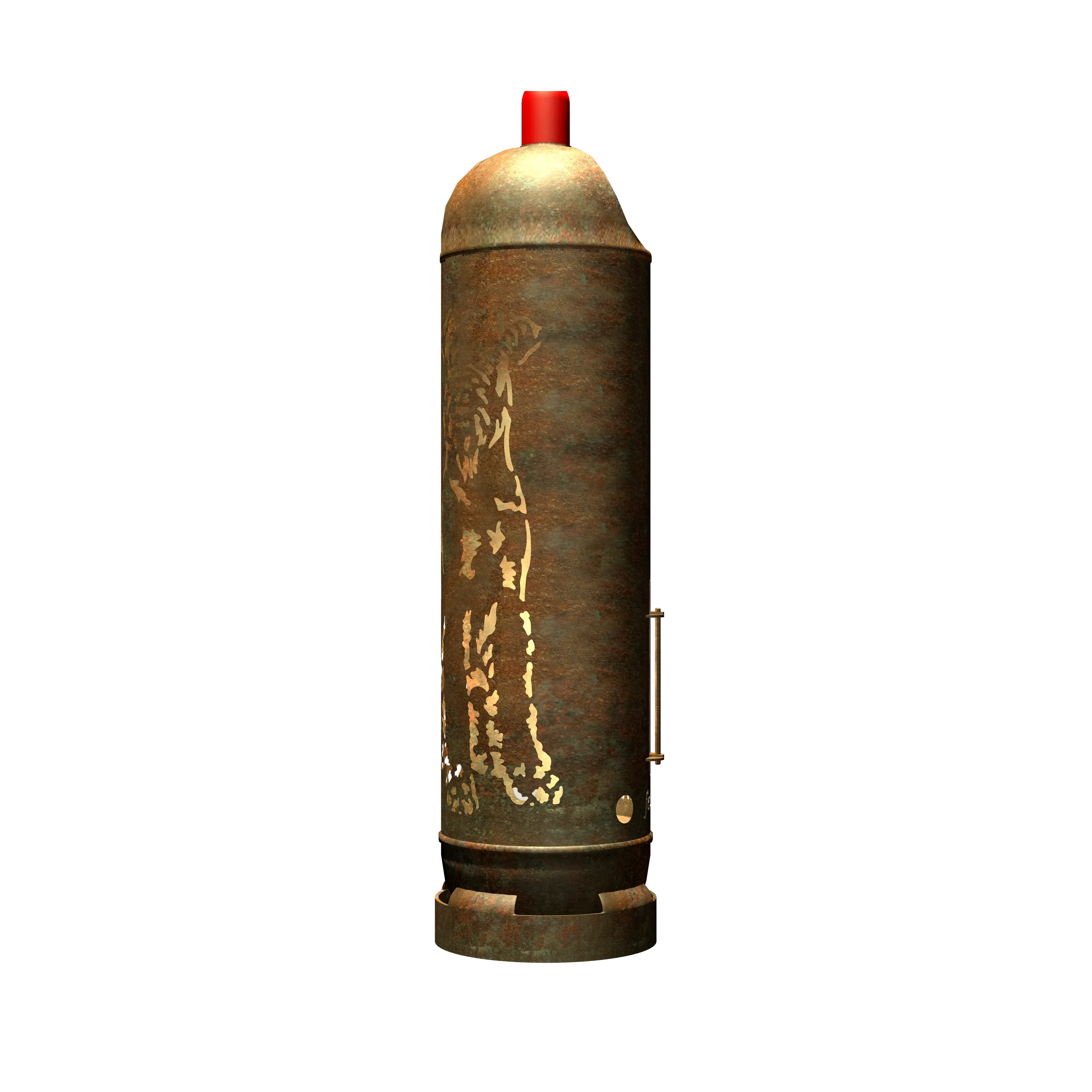 Feuertonne mit Airedale-Terrier-Motiv auf rostfarbenem Metallzylinder, mit seitlicher Öffnungstür