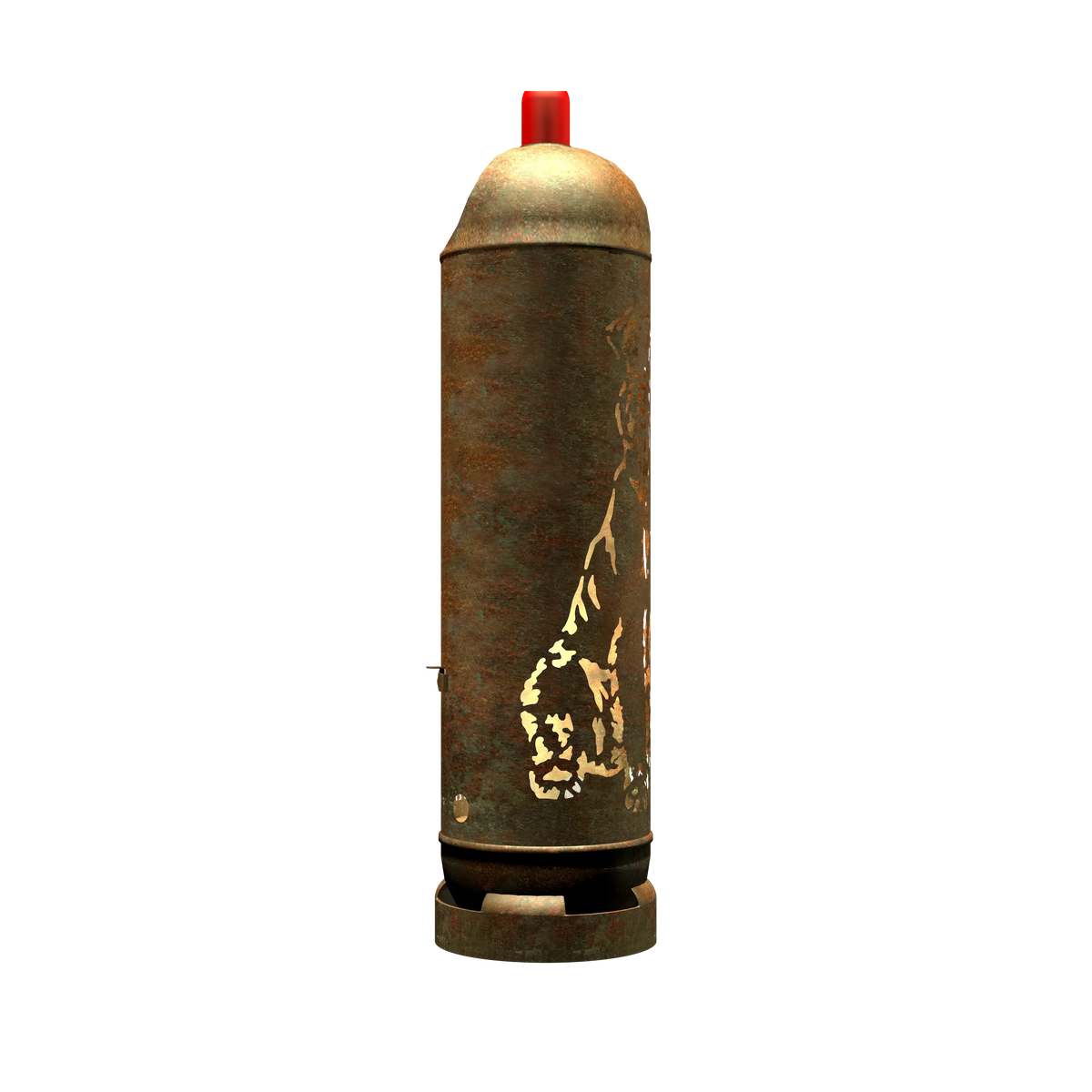 Feuertonne mit seitlichem Airedale-Terrier-Motiv auf rostfarbenem Metallzylinder und rotem Deckel