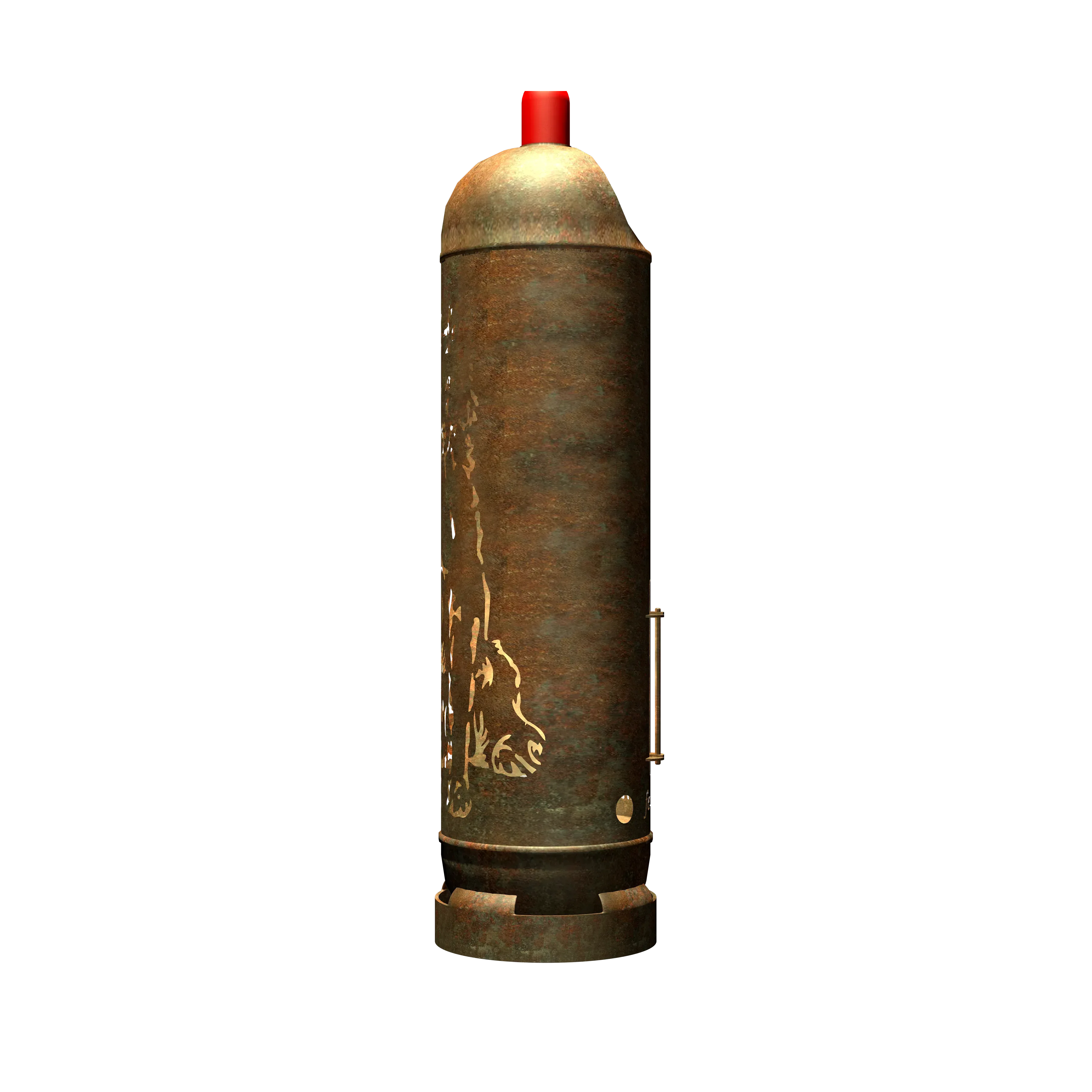 Rostbraune Feuertonne mit rotem Deckel und goldenen Motiven an der Front