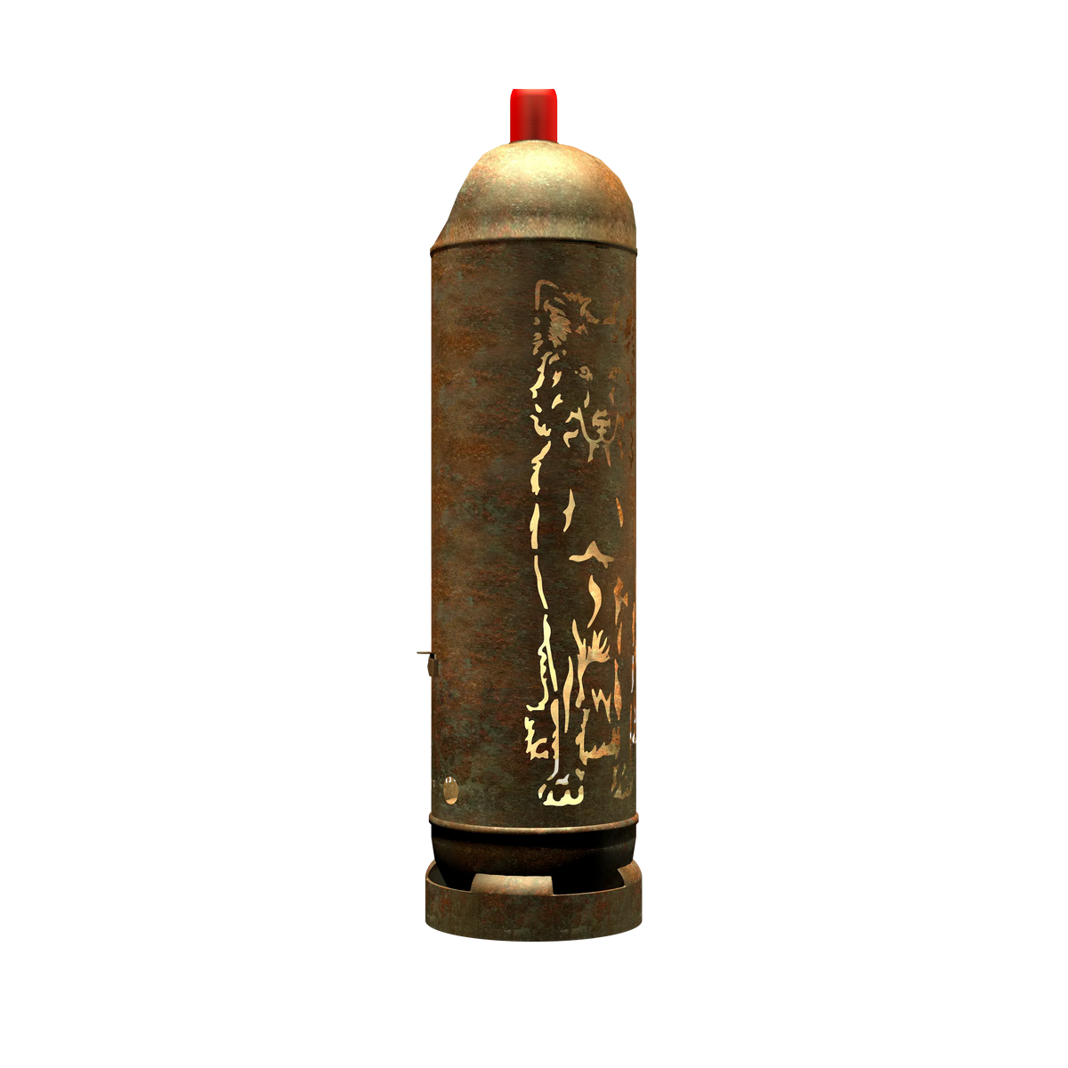 Rostbraune Feuertonne mit rotem Deckel, goldenes Figuren-Relief