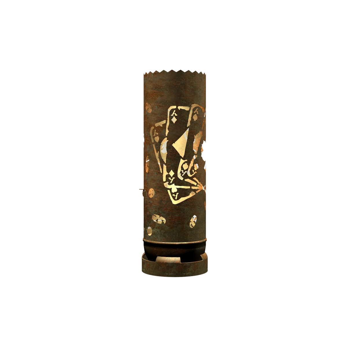 Feuertonne mit Pokerspiel, rostbraunes Zylindergehäuse mit großem Poker-Relief und Standring.